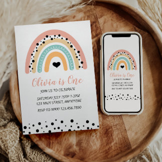 Rainbow & Hearts 1. Geburtstag Party Einladung