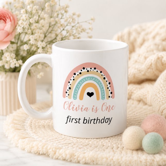 Rainbow & Hearts 1. Geburtstag Party Kaffeetasse (Rainbow & Hearts 1st Birthday Party Coffee Mug)