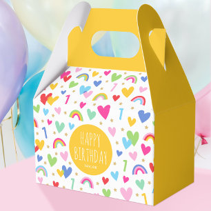 Rainbow Hearts 1. Geburtstag Party Name Gelb Geschenkschachtel