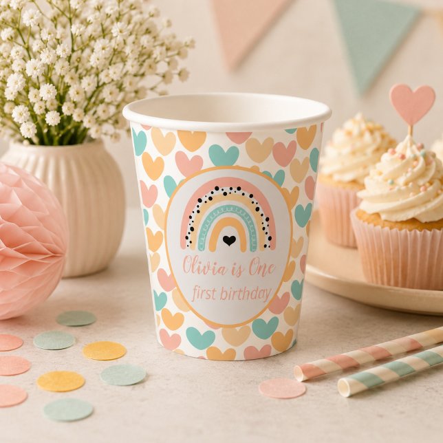 Rainbow & Hearts 1. Geburtstag Party Pappbecher (Rainbow & Hearts 1st Birthday Party Paper Cups)