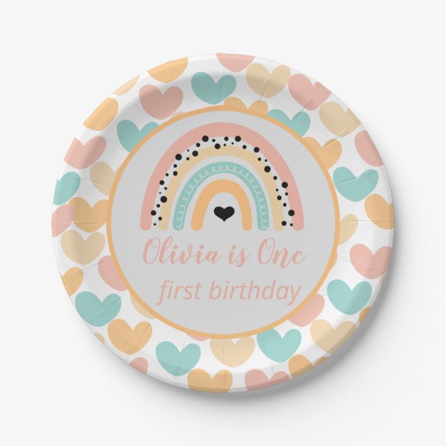 Rainbow & Hearts 1. Geburtstag Party Pappteller (Vorderseite)