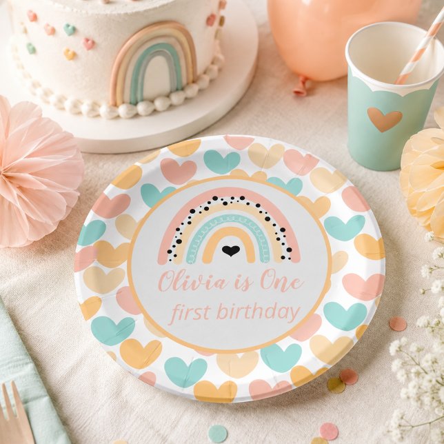 Rainbow & Hearts 1. Geburtstag Party Pappteller (Rainbow & Hearts 1st Birthday Party Paper Plates)