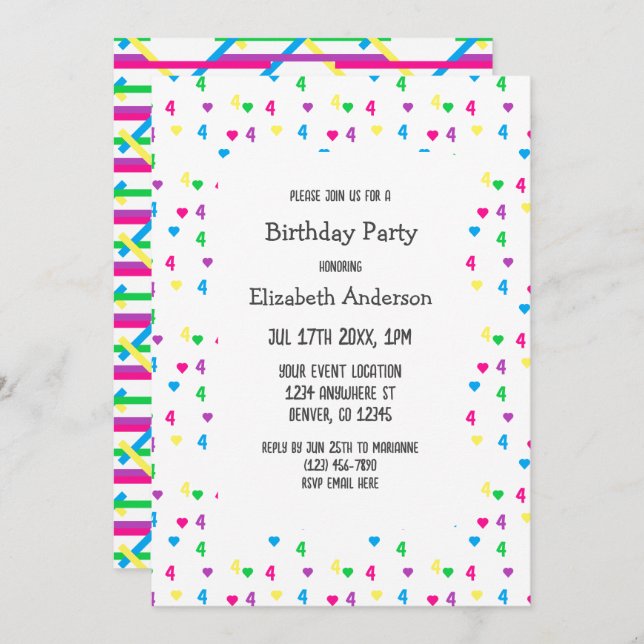Rainbow Hearts 4. Geburtstag Einladung (Vorne/Hinten)