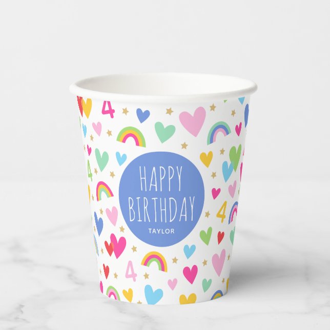 Rainbow Hearts 4. Geburtstag Party Individuelle Na Pappbecher (Vorderseite)