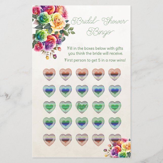 Rainbow Hearts and Rose Brautparty Bingo Flyer (Vorne)