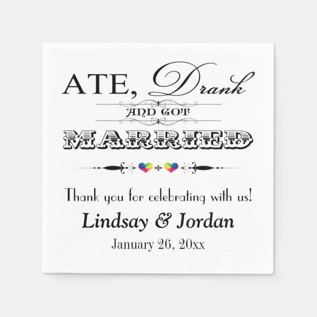 Rainbow Hearts and Scrolls Wedding Napkins Serviette (Vorderseite)