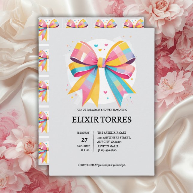 Rainbow Hearts Bow Baby Shower Einladung (Von Creator hochgeladen)