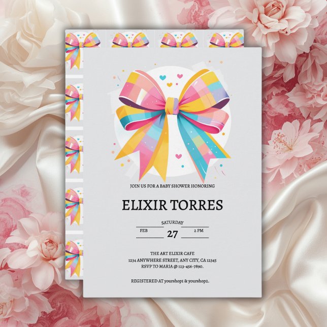 Rainbow Hearts Bow Baby Shower Einladung (Von Creator hochgeladen)