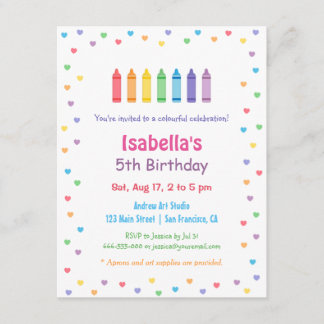 Rainbow Hearts Crayons Arts Crafts Birthday Party Einladung
