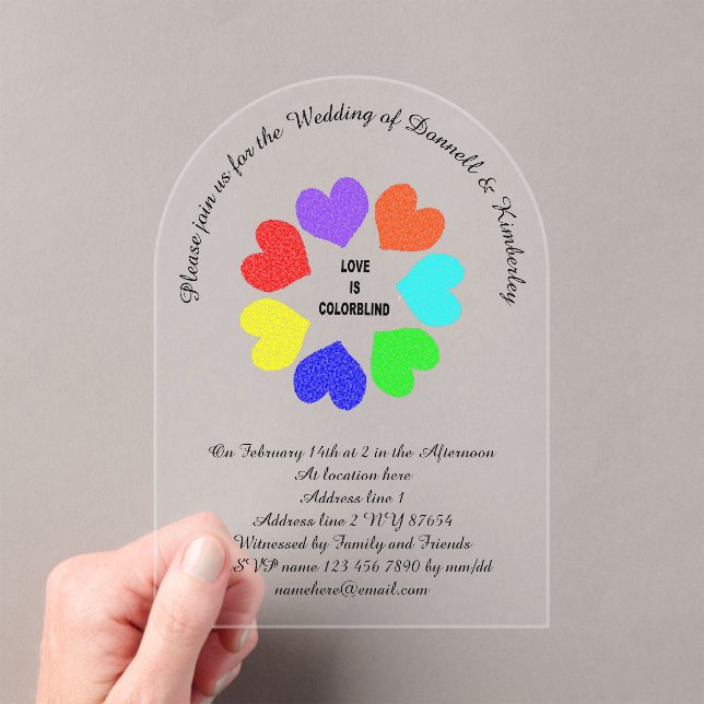 Rainbow Hearts Custom Wedding der interrassischen  Acryleinladungen (Insitu (Handheld))