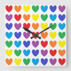 Rainbow Hearts Quadratische Wanduhr