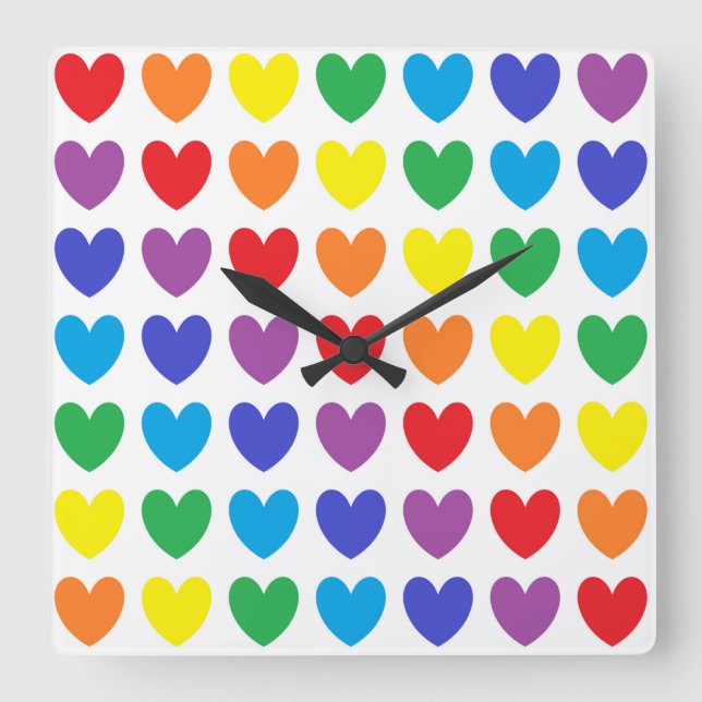 Rainbow Hearts Quadratische Wanduhr (Vorderseite)