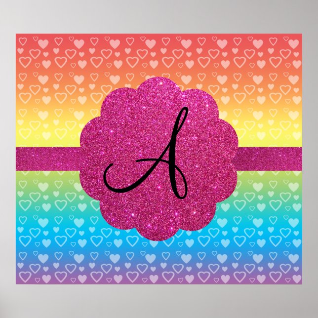 Rainbow-Herzen Rosa Glitzer Monogramm Poster (Vorne)