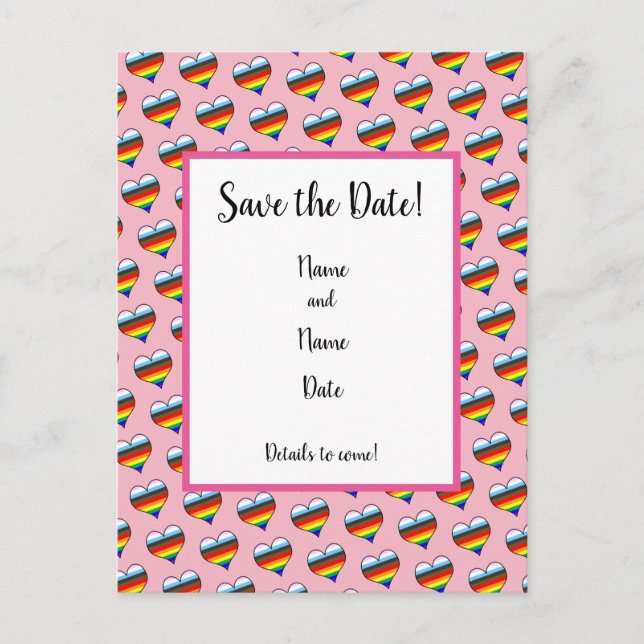 Rainbow-Herzmuster Save the Date Postkarte (Vorderseite)