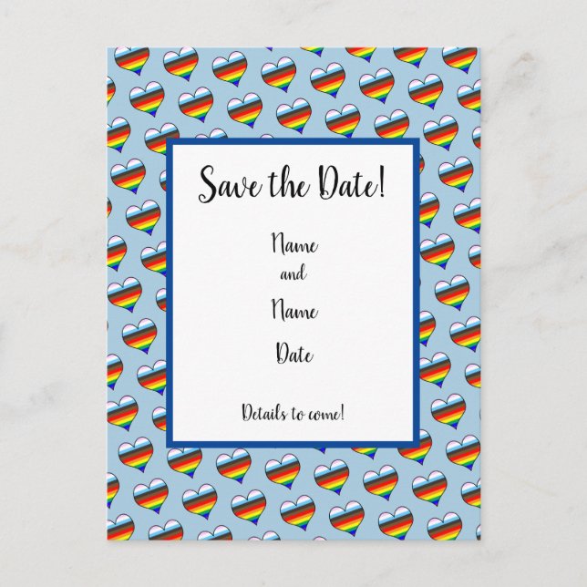 Rainbow-Herzmuster Save the Date Postkarte (Vorderseite)