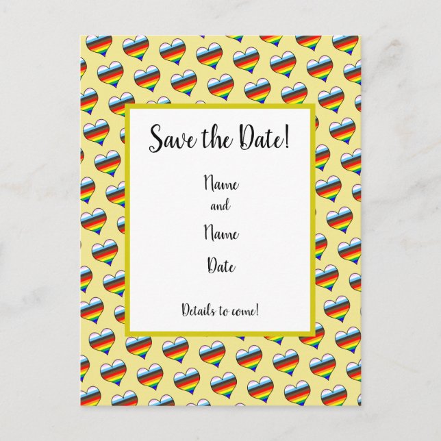 Rainbow-Herzmuster Save the Date Postkarte (Vorderseite)