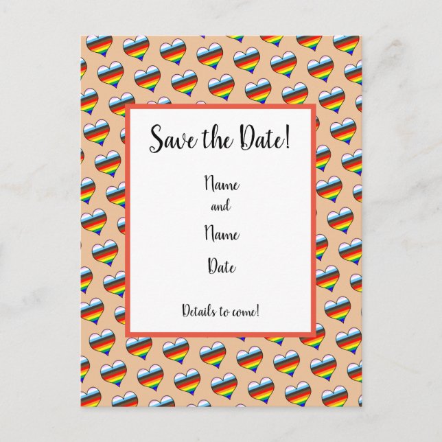 Rainbow-Herzmuster Save the Date Postkarte (Vorderseite)