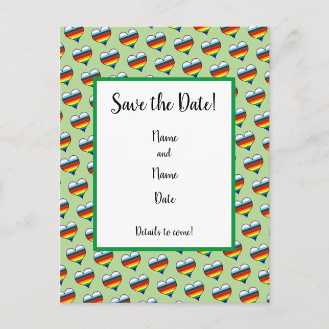 Rainbow-Herzmuster Save the Date Postkarte (Vorderseite)