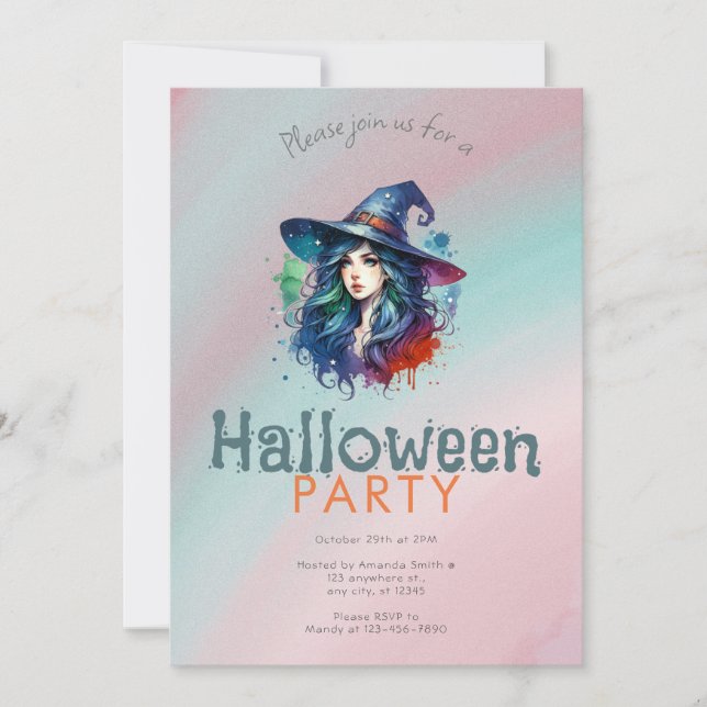 Rainbow-Hexenhair-Background-Halloween-Party Einladung (Vorderseite)