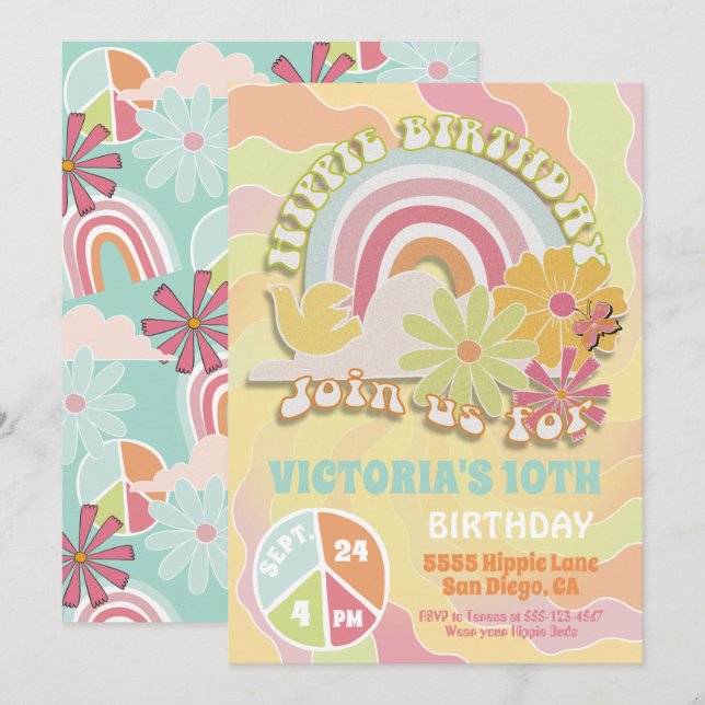 Rainbow Hippie Birthday Party Einladung (Vorne/Hinten)
