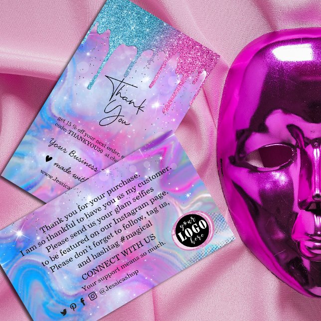 Rainbow holografische Dankbarkeit an Visitenkarte (Sparkle and shine with gratitude! Rainbow holographic and hot pink glitter business cards)