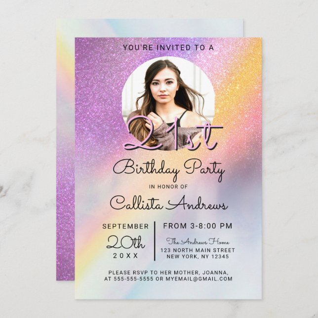 Rainbow Holographic Glitzer Ombre Foto Birthday Einladung (Vorne/Hinten)