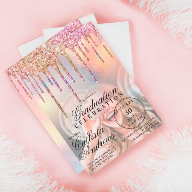 Rainbow Holographic Glitzer Tropfens Foto Abschlus Einladung (Von Creator hochgeladen)