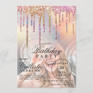 Rainbow Holographic Glitzer Tropfens Foto Birthday Einladung
