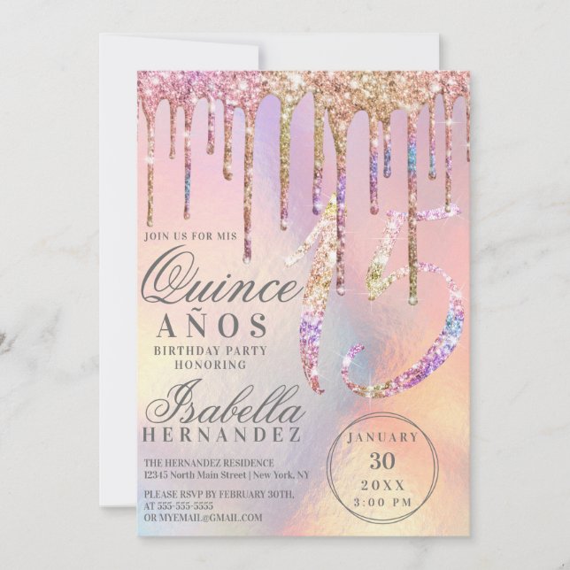 Rainbow Holographic Glitzer Tropfens Quinceañera Einladung (Vorderseite)