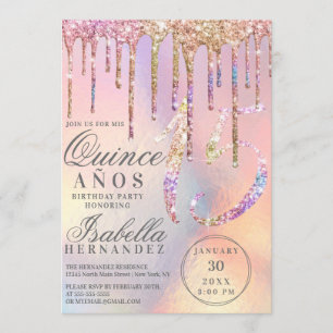 Rainbow Holographic Glitzer Tropfens Quinceañera Einladung