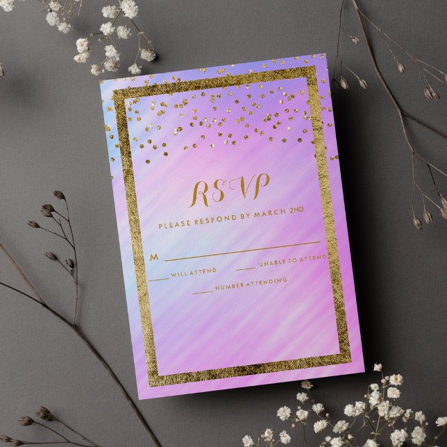 Rainbow Holographic Gold Confetti UAWG RSVP Karte (Rainbow Holographic Gold Confetti RSV)