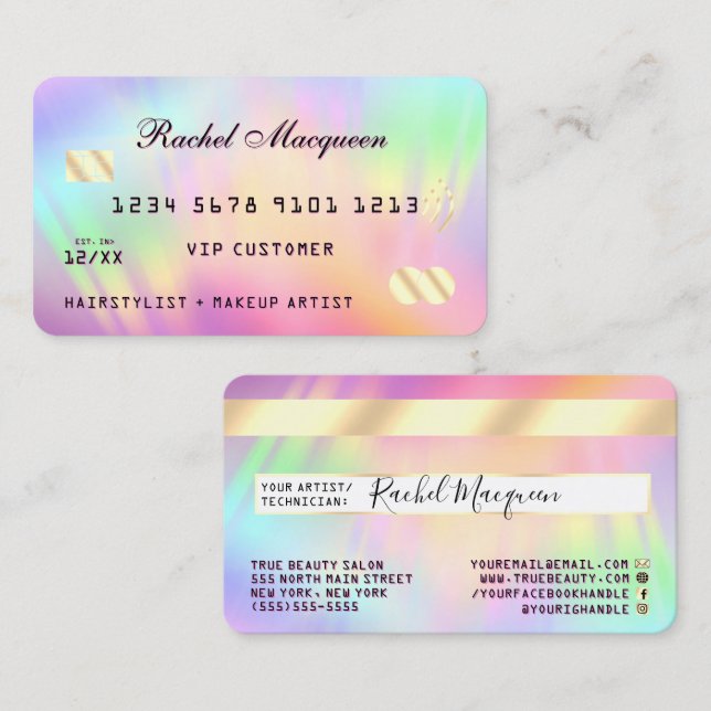 Rainbow Holographic Iridescent Unicoring Credit Visitenkarte (Vorne/Hinten)