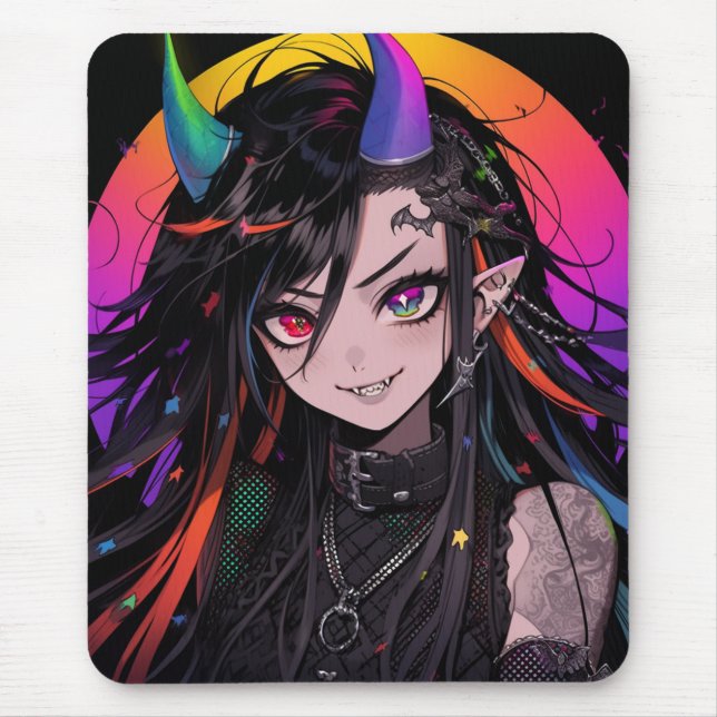 Rainbow Horned Goth Punk Anime Girl Mousepad (Vorne)