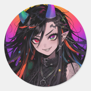 Rainbow Horned Goth Punk Anime Girl Runder Aufkleber