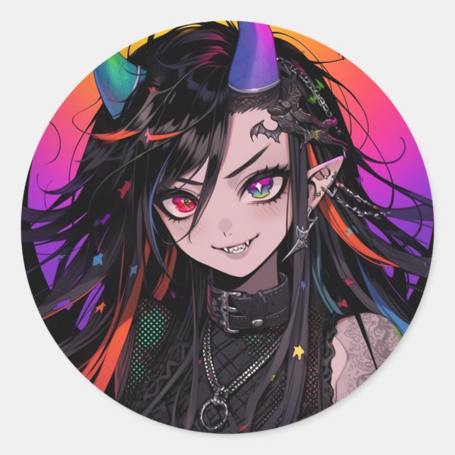 Rainbow Horned Goth Punk Anime Girl Runder Aufkleber (Vorderseite)
