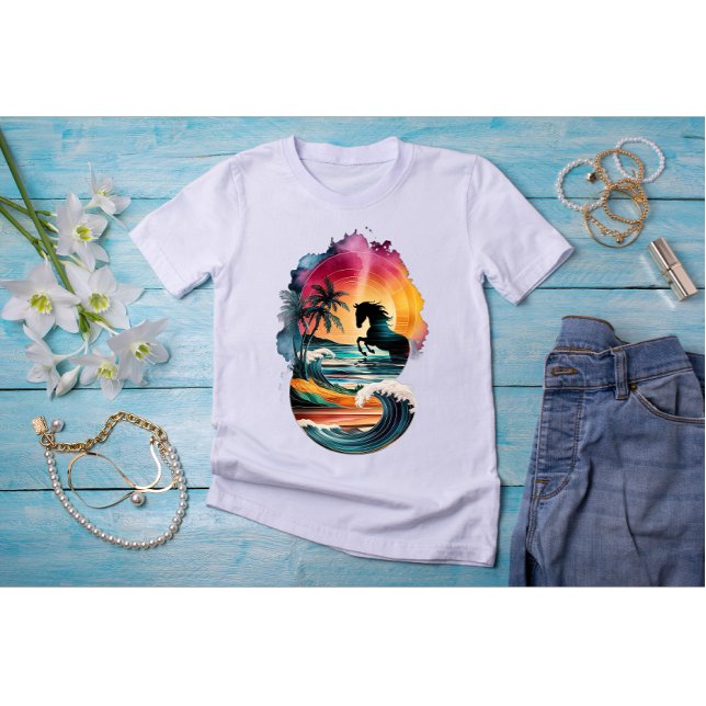 Rainbow Horse Art mit Sonnenuntergang Landschaft T-Shirt (Von Creator hochgeladen)