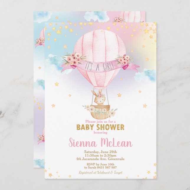 Rainbow Hot Air Ballon Babydusche Bunny Girl Einladung (Vorne/Hinten)