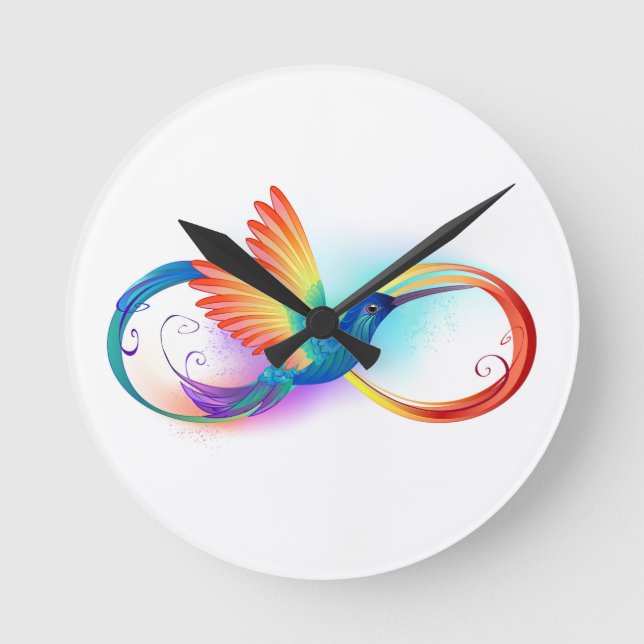 Rainbow Hummingbird mit dem Symbol Unendlichkeit Runde Wanduhr (Vorderseite)