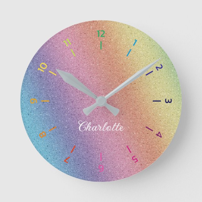Rainbow Iridescent Glitzer Personalisierte Kinder Runde Wanduhr (Vorderseite)