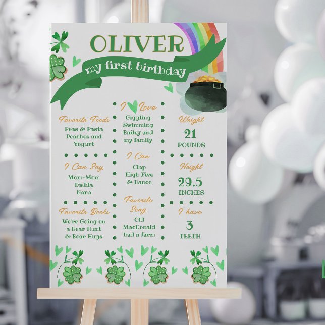 Rainbow Irish Theme First Birthday Milestone Poster (First Birthday Milestone Poster with Lucky Irish St Patrick's theme by Darling & May)