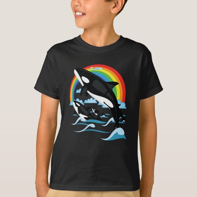 Rainbow & Jumping Orca Killer Wal T-Shirt (Vorderseite)