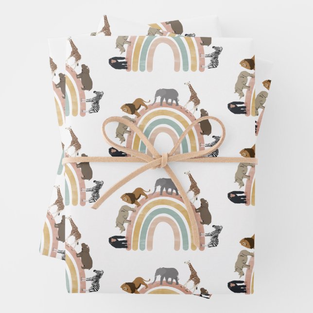 Rainbow-Jungle-Tiermuster in Erdfarben Geschenkpapier Set (Beispiel)