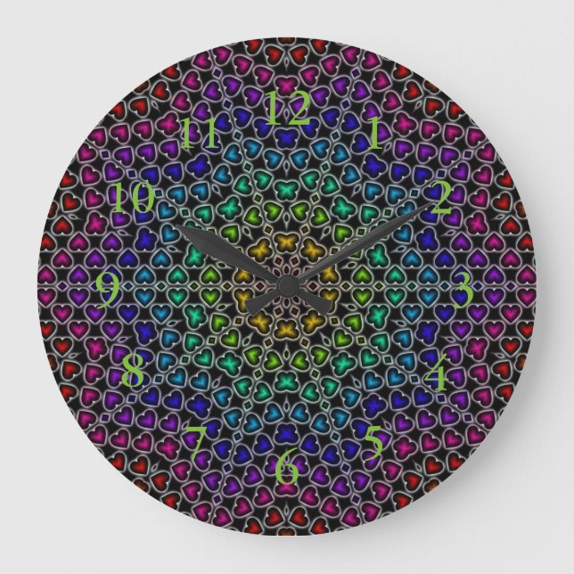 Rainbow Kaleidoskop Herz-Muster-Uhr Große Wanduhr (Vorderseite)