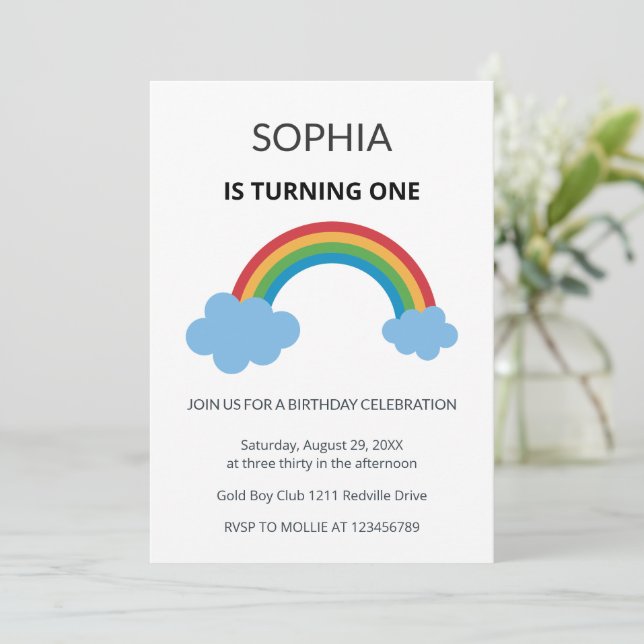 Rainbow Kids First Birthday Party Einladung (Stehend Vorderseite)