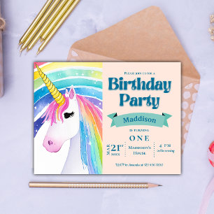 Rainbow Kids Unicorn 1. Geburtstag Party Einladung Postkarte