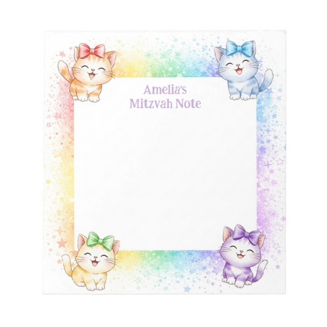 Rainbow Kittens Personalisiert Mitzvah Notes Notep Notizblock (Vorderseite)