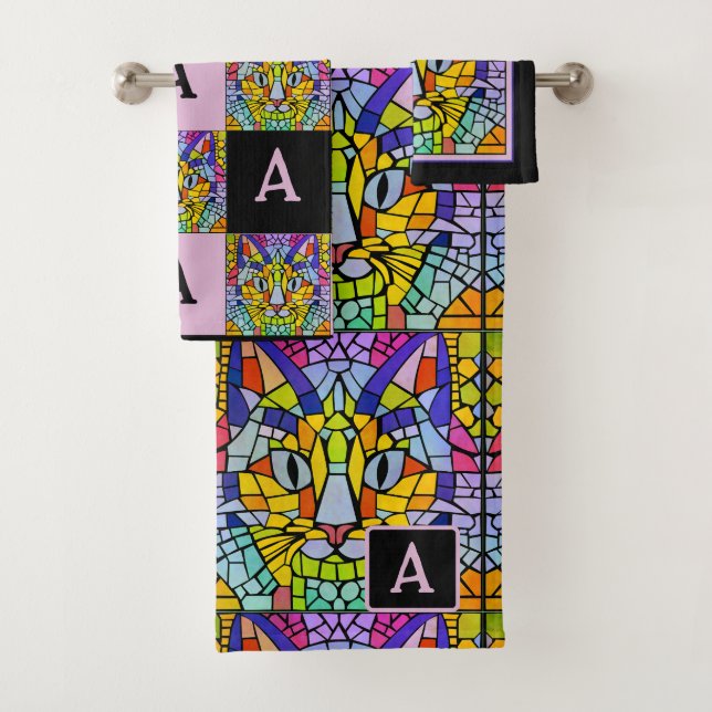 Rainbow Kitty Mosaik mit Monogram für Cat Lovers Badhandtuch Set (Insitu)