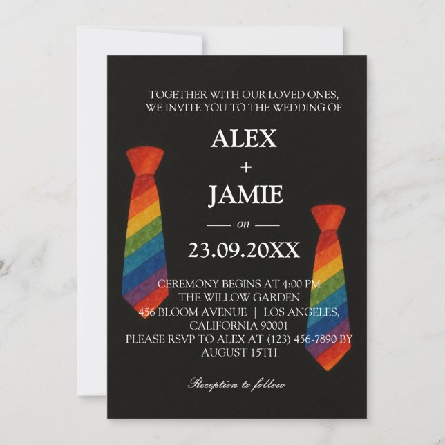 Rainbow Krawatte Gay Couple Moderne Black Wedding Einladung (Vorderseite)