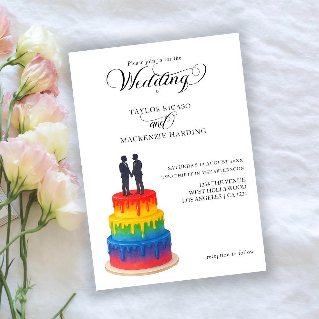 Rainbow-Kuchen und elegante Drehbuchschreiberhochz Einladung (Rainbow cake and elegant script gay wedding invitation by Ricaso. Exclusive to Zazzle.)