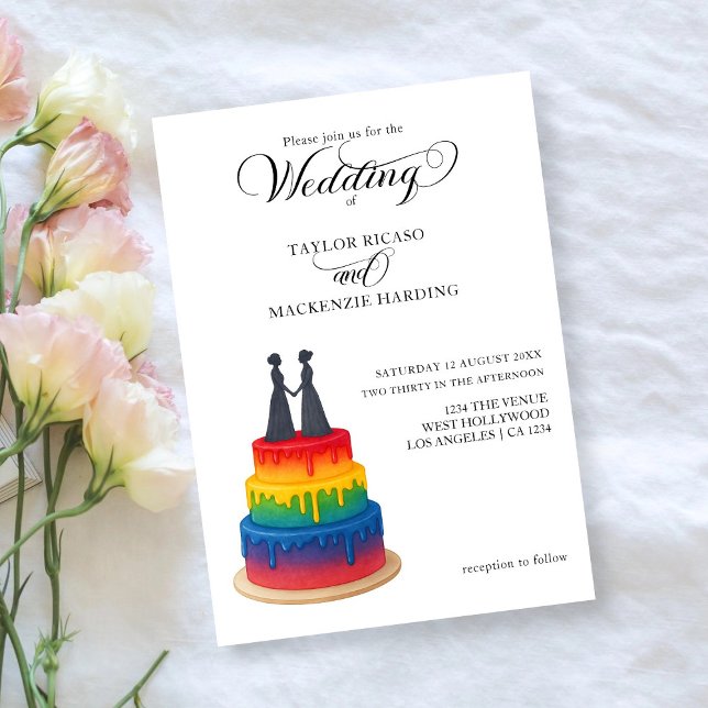 Rainbow-Kuchen und elegante Drehbuchschreiberhochz Einladung (Rainbow cake and elegant script gay wedding invitation by Ricaso. Exclusive to Zazzle.)